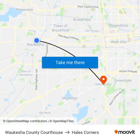 Waukesha County Courthouse to Hales Corners map