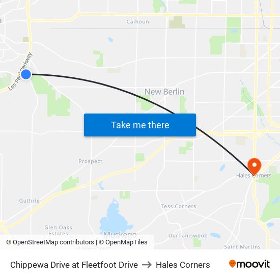 Chippewa Drive at Fleetfoot Drive to Hales Corners map