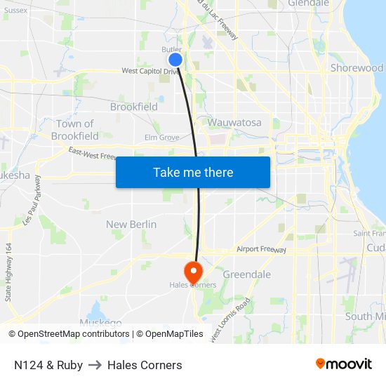 N124 & Ruby to Hales Corners map