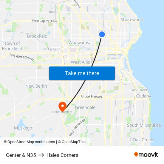 Center & N35 to Hales Corners map