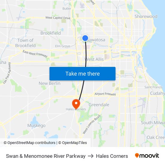 Swan & Menomonee River Parkway to Hales Corners map