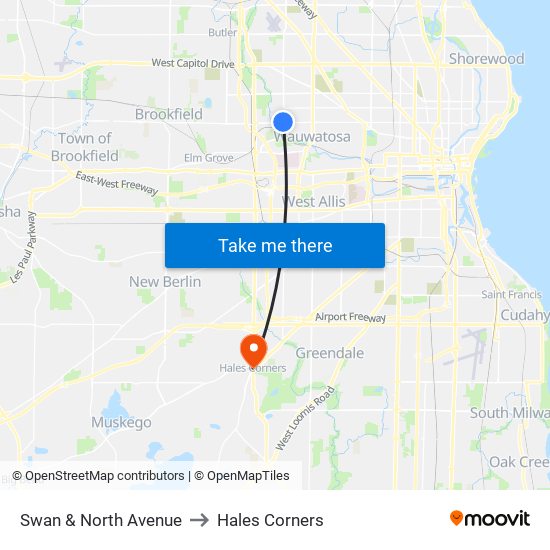 Swan & North Avenue to Hales Corners map