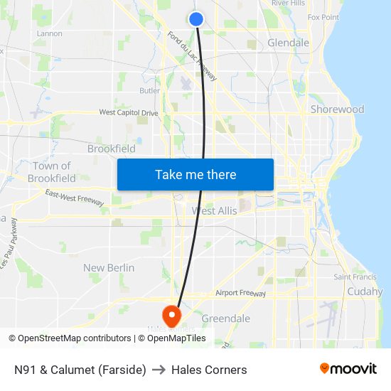 N91 & Calumet (Farside) to Hales Corners map