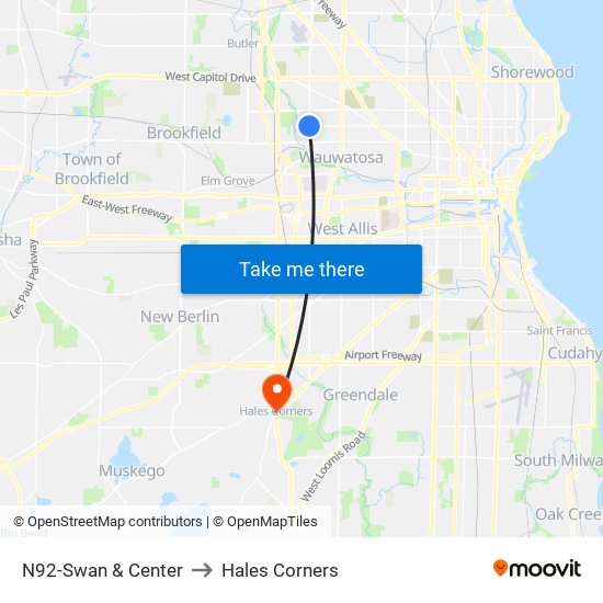 N92-Swan & Center to Hales Corners map
