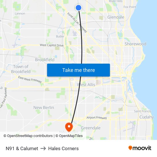 N91 & Calumet to Hales Corners map