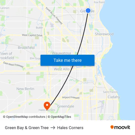 Green Bay & Green Tree to Hales Corners map