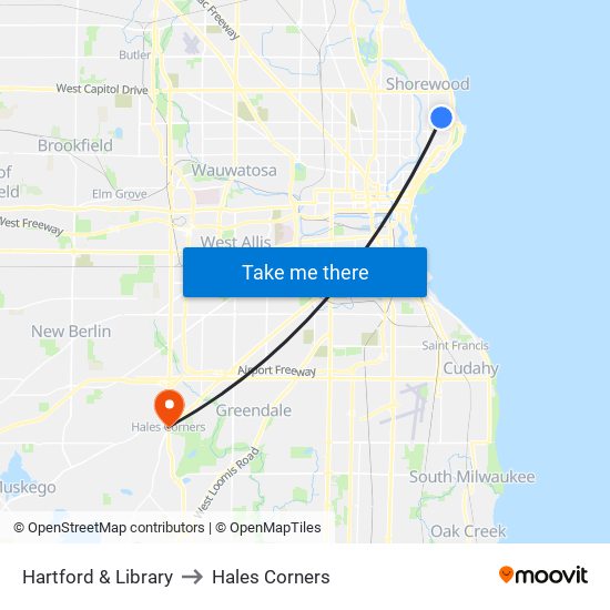 Hartford & Library to Hales Corners map