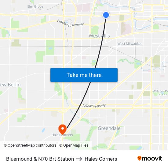 Bluemound & N70 Brt Station to Hales Corners map