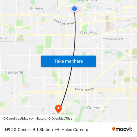 N92 & Connell Brt Station to Hales Corners map