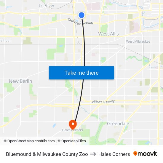 Bluemound & Milwaukee County Zoo to Hales Corners map