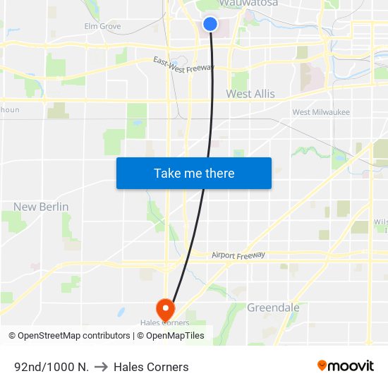 92nd/1000 N. to Hales Corners map