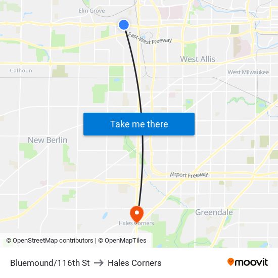 Bluemound/116th St to Hales Corners map