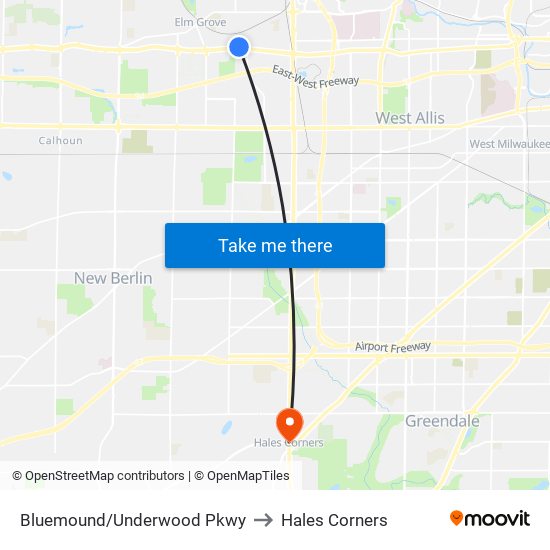 Bluemound/Underwood Pkwy to Hales Corners map