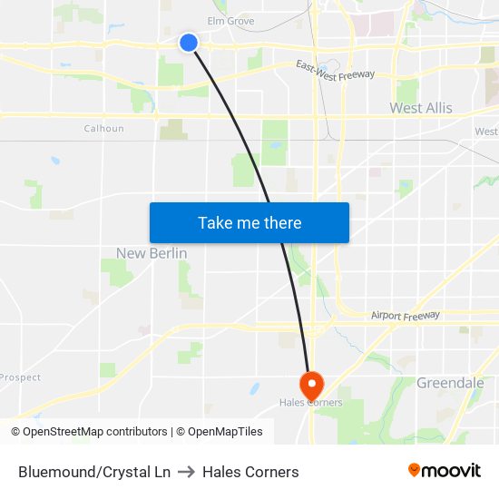 Bluemound/Crystal Ln to Hales Corners map