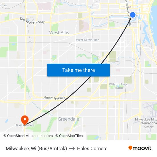 Milwaukee, Wi (Bus/Amtrak) to Hales Corners map