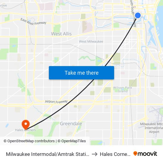 Milwaukee Intermodal/Amtrak Station to Hales Corners map