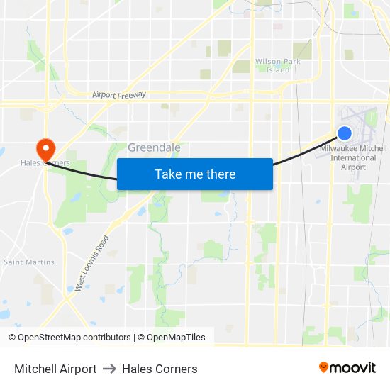 Mitchell Airport to Hales Corners map