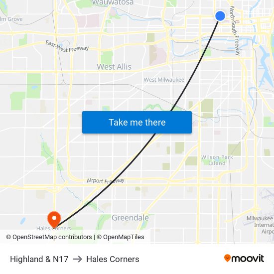 Highland & N17 to Hales Corners map
