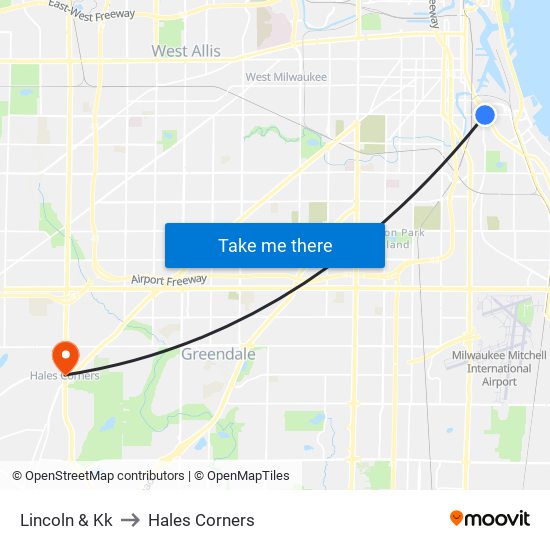 Lincoln & Kk to Hales Corners map