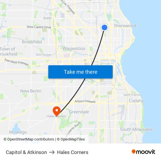 Capitol & Atkinson to Hales Corners map