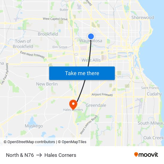 North & N76 to Hales Corners map