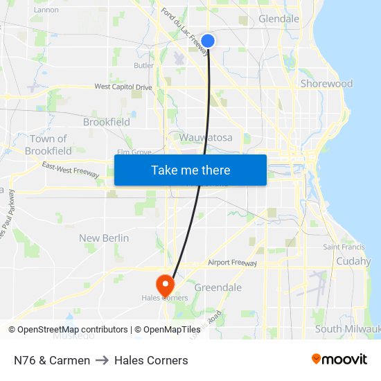 N76 & Carmen to Hales Corners map