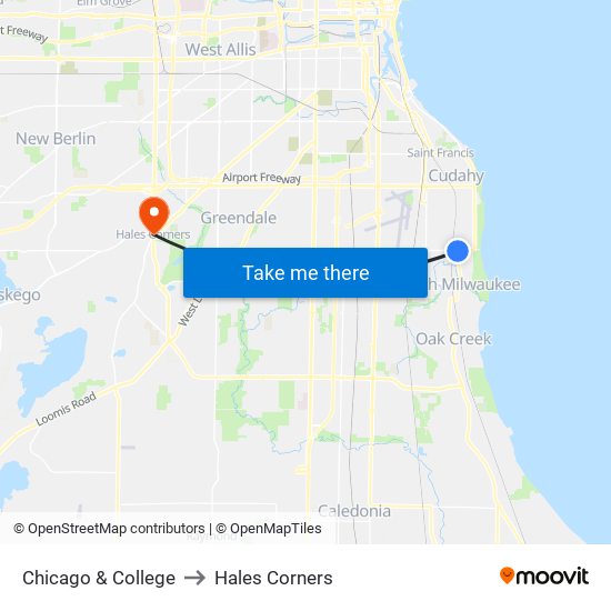 Chicago & College to Hales Corners map