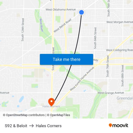 S92 & Beloit to Hales Corners map