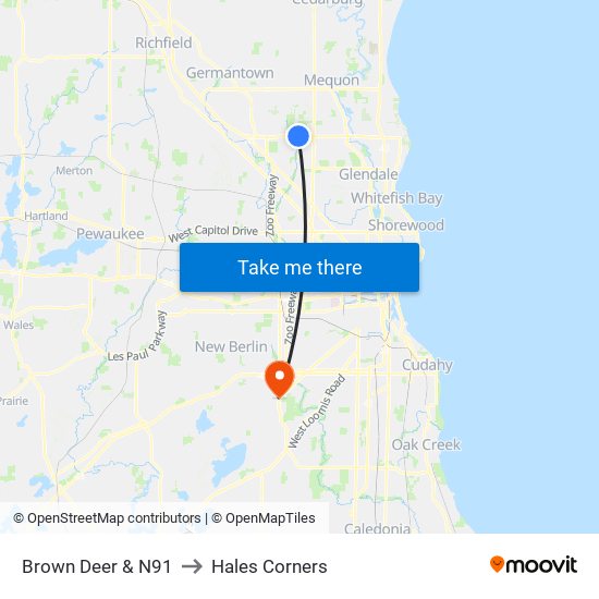 Brown Deer & N91 to Hales Corners map