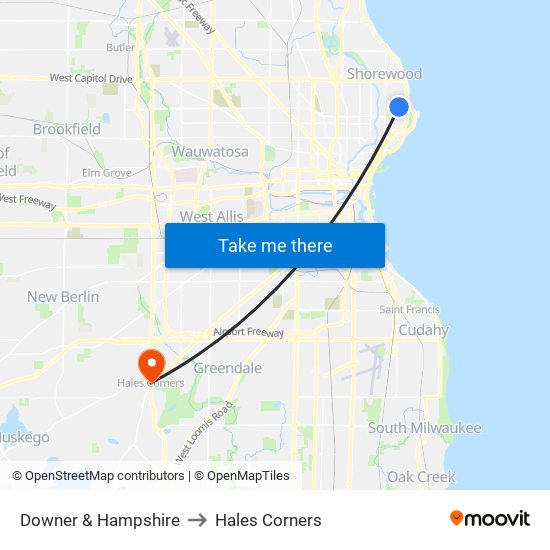 Downer & Hampshire to Hales Corners map