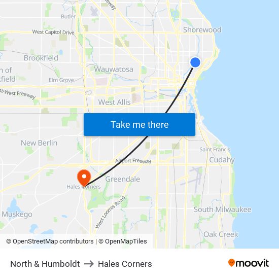 North & Humboldt to Hales Corners map