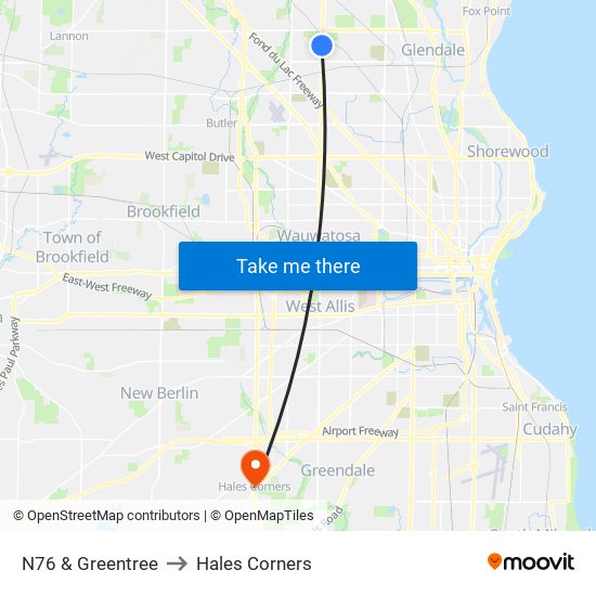 N76 & Greentree to Hales Corners map