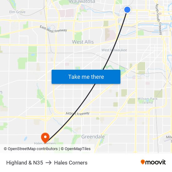 Highland & N35 to Hales Corners map