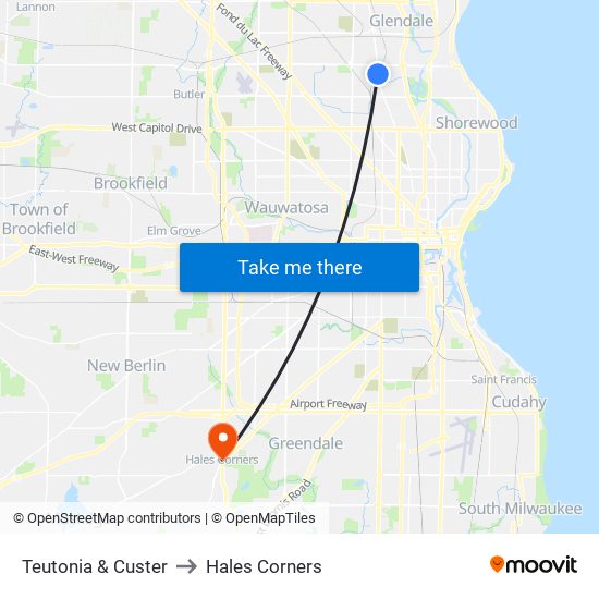 Teutonia & Custer to Hales Corners map