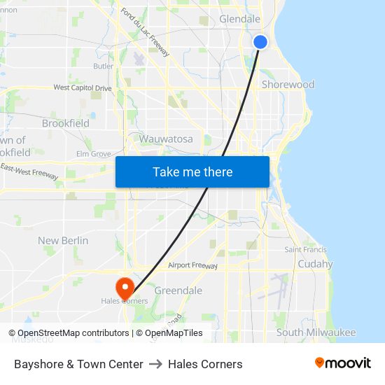 Bayshore & Town Center to Hales Corners map