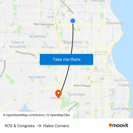 N76 & Congress to Hales Corners map