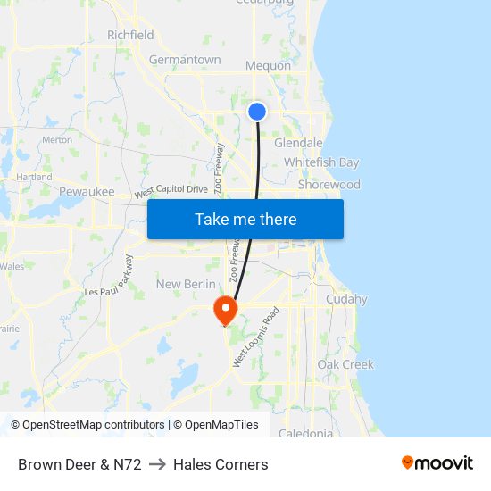 Brown Deer & N72 to Hales Corners map
