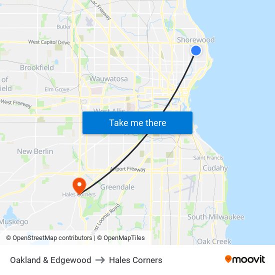 Oakland & Edgewood to Hales Corners map