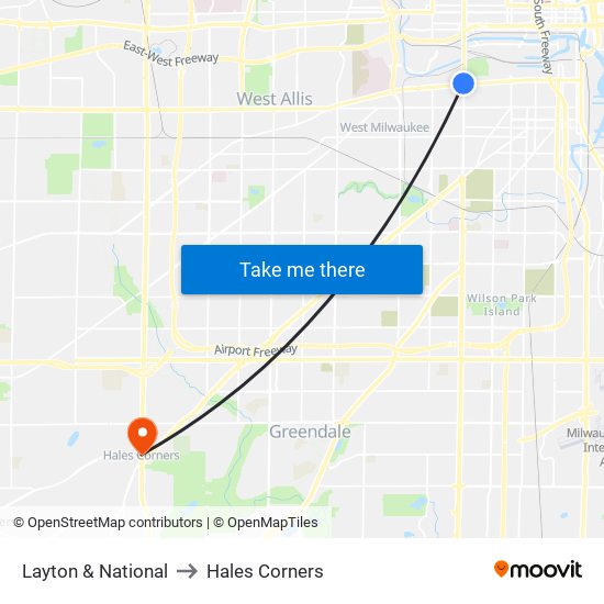 Layton & National to Hales Corners map