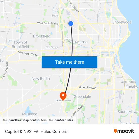 Capitol & N92 to Hales Corners map