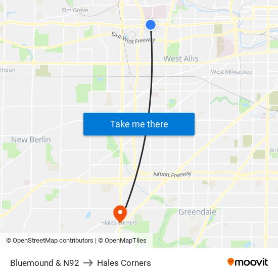 Bluemound & N92 to Hales Corners map