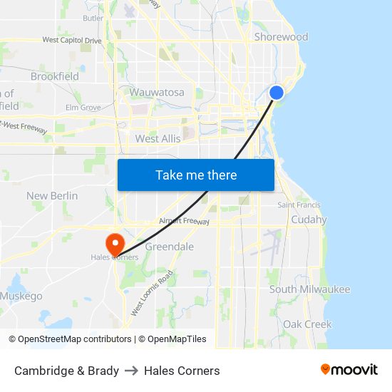 Cambridge & Brady to Hales Corners map