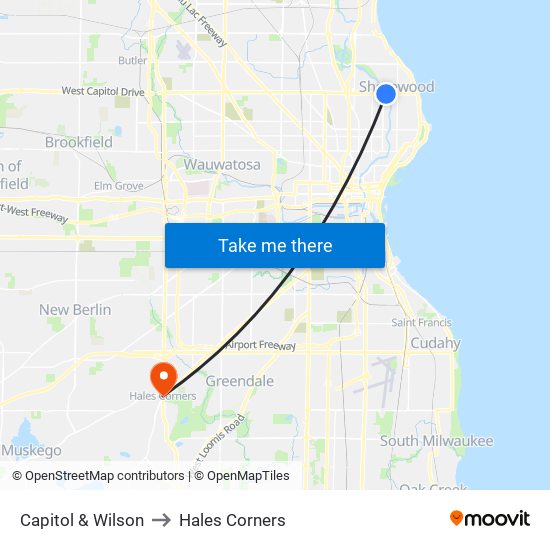 Capitol & Wilson to Hales Corners map