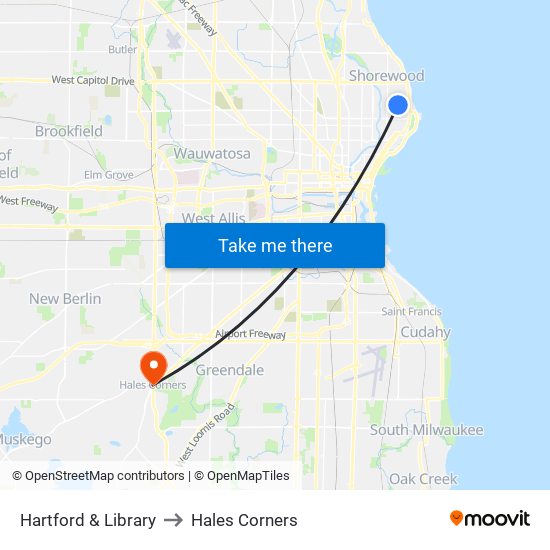 Hartford & Library to Hales Corners map