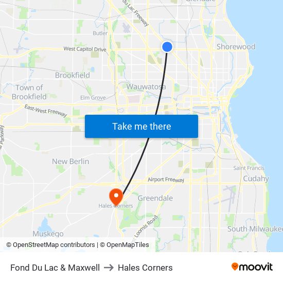 Fond Du Lac & Maxwell to Hales Corners map