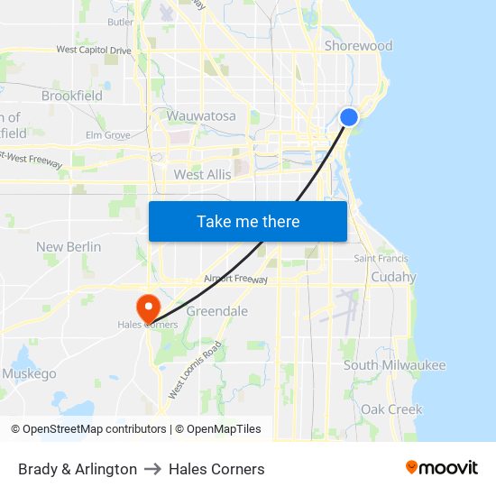 Brady & Arlington to Hales Corners map