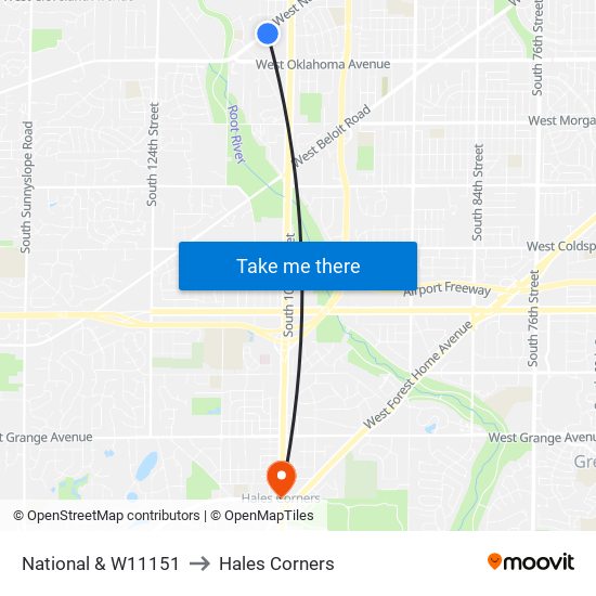National & W11151 to Hales Corners map