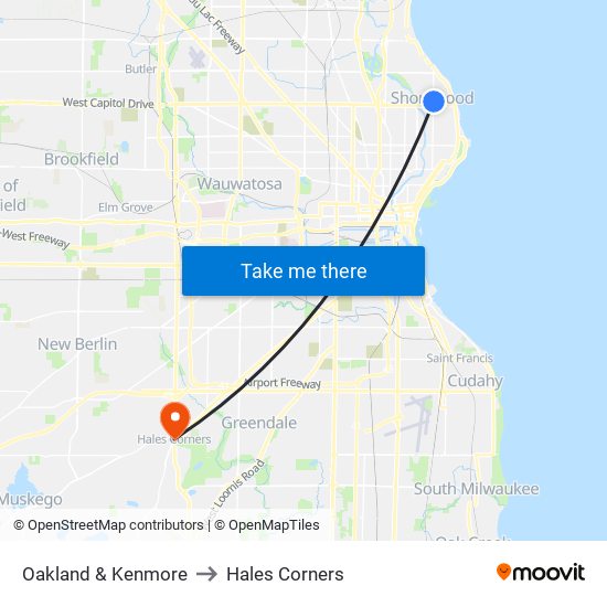 Oakland & Kenmore to Hales Corners map