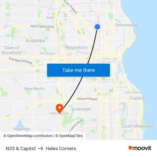 N35 & Capitol to Hales Corners map