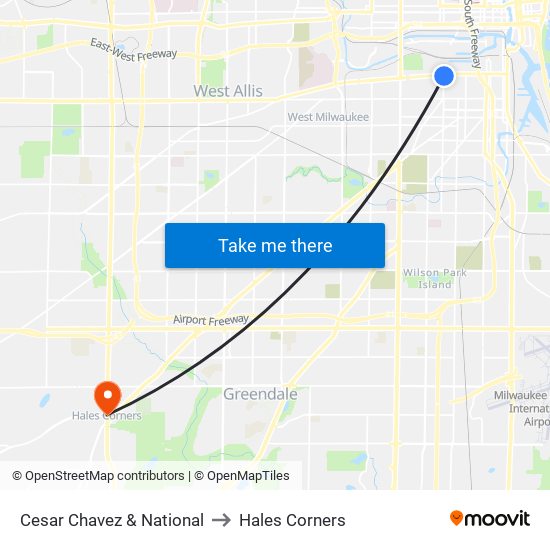 Cesar Chavez & National to Hales Corners map